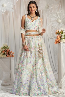 Cream Net Sequins Embroidery Wedding Lehenga Choli
