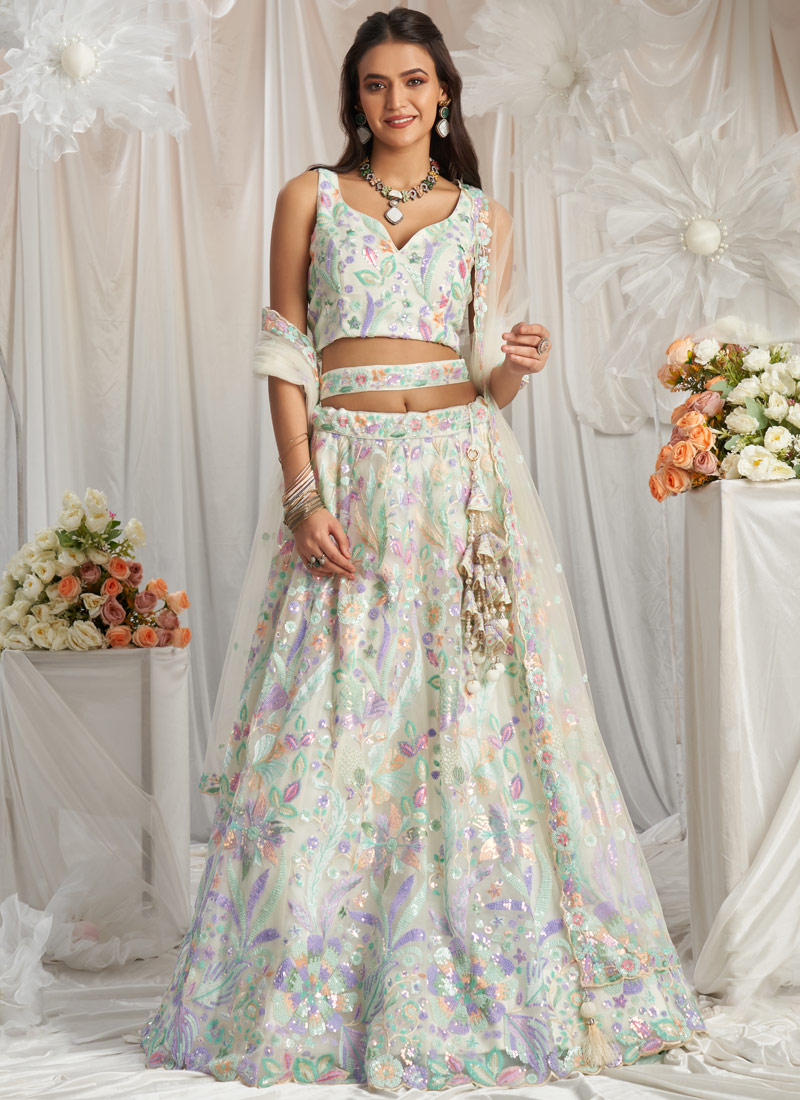 Cream Net Sequins Embroidery Wedding Lehenga Choli