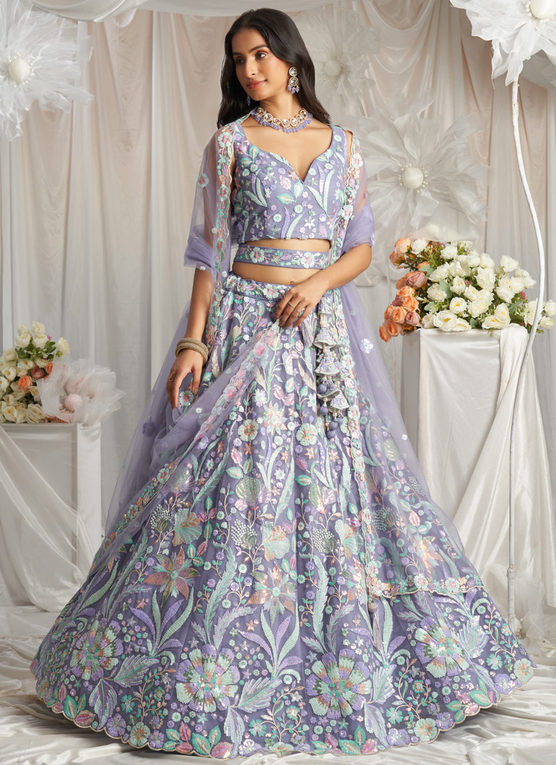 Mauve Net Sequins Embroidery Wedding Lehenga Choli