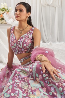Rose gold Net Sequins Embroidery Bridal Lehenga Choli