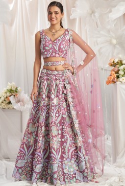 Rose gold Net Sequins Embroidery Bridal Lehenga Choli