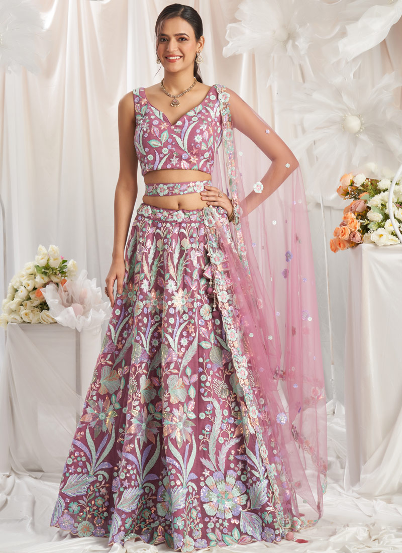 Rose gold Net Sequins Embroidery Bridal Lehenga Choli