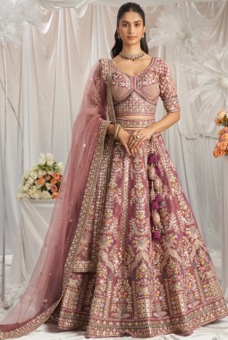 Lavender Bridal Net Moti Embroidery Wedding Lehenga Choli