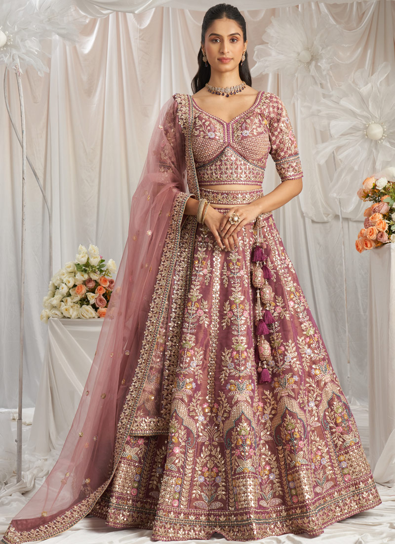 Lavender Bridal Net Moti Embroidery Wedding Lehenga Choli