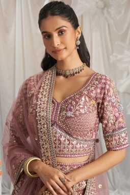 Lavender Bridal Net Moti Embroidery Wedding Lehenga Choli