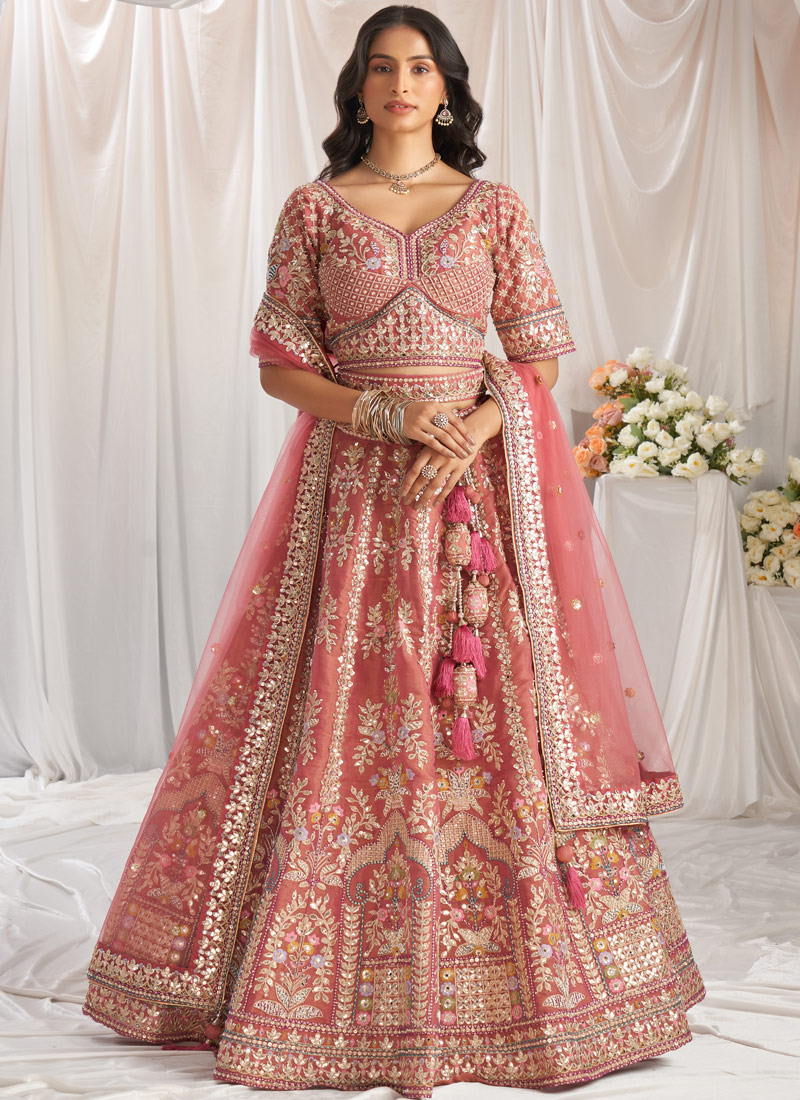 Rose Gold Bridal Net Gotapatti Embroidery Wedding Lehenga Choli