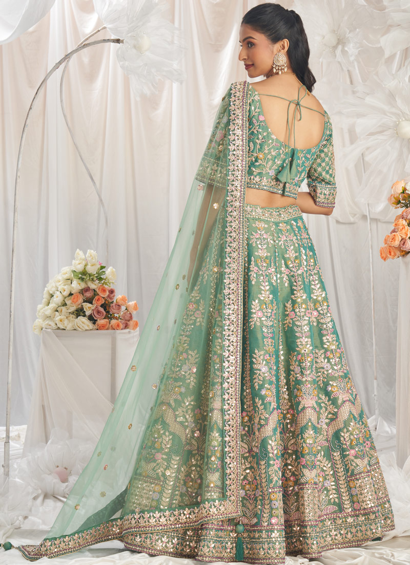 Sea Green Bridal Net Moti Embroidery Wedding Lehenga Choli