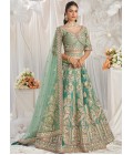 Sea Green Bridal Net Moti Embroidery Wedding Lehenga Choli