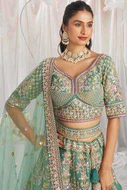 Sea Green Bridal Net Moti Embroidery Wedding Lehenga Choli