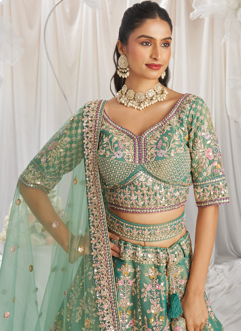 Sea Green Bridal Net Moti Embroidery Wedding Lehenga Choli