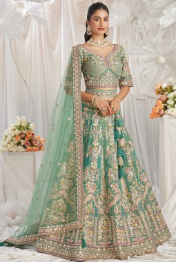 Sea Green Bridal Net Moti Embroidery Wedding Lehenga Choli