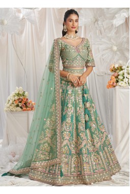 Sea Green Bridal Net Moti Embroidery Wedding Lehenga Choli