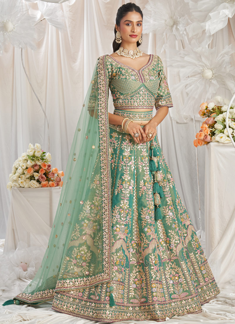 Sea Green Bridal Net Moti Embroidery Wedding Lehenga Choli