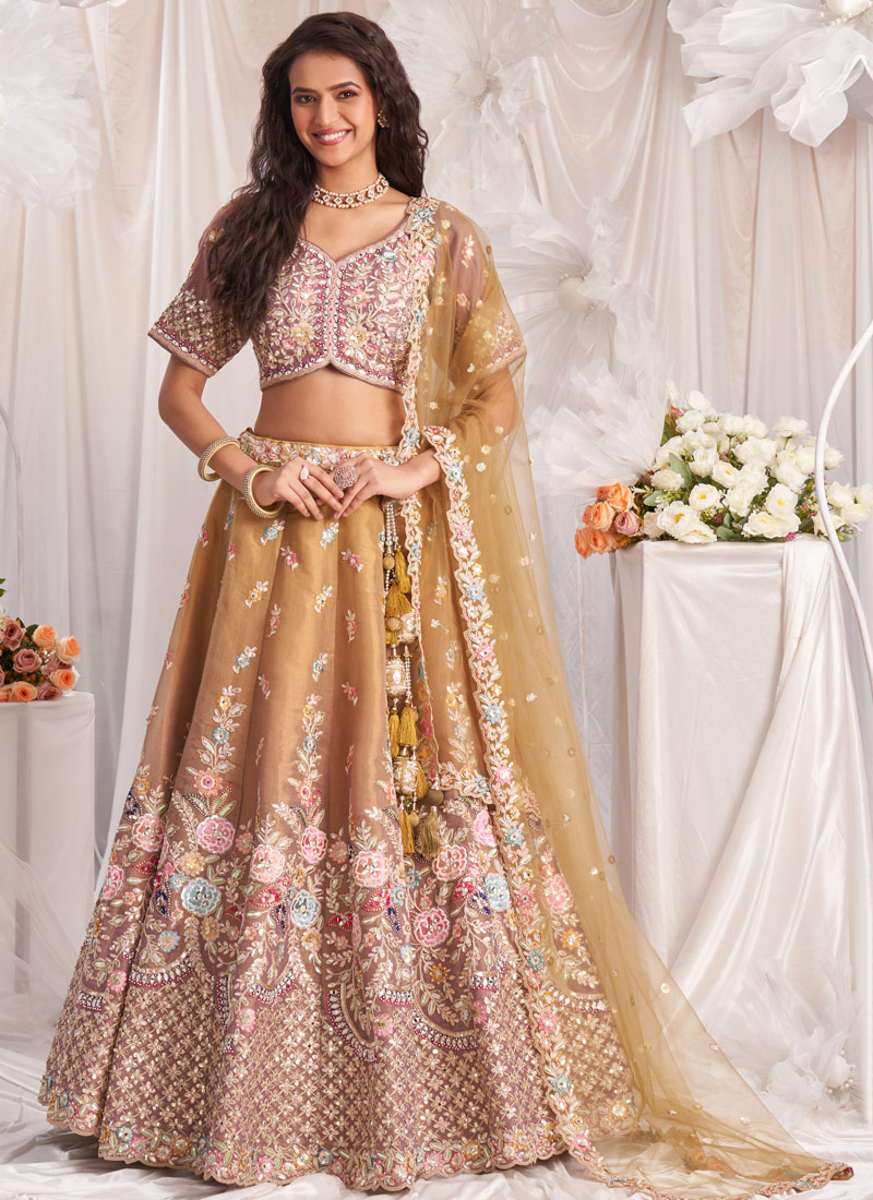 Rose Gold Bridal Net Gotapatti Embroidery Lehenga Choli