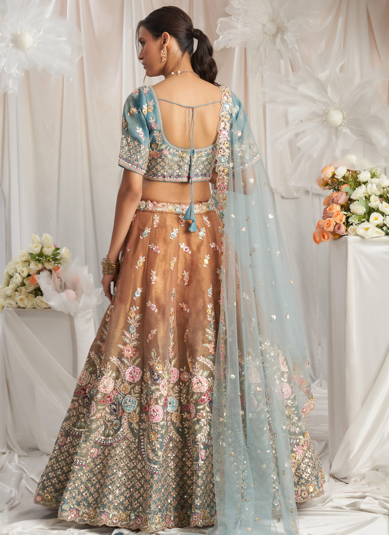 Turquoise Blue Bridal Net Moti Embroidery Lehenga Choli