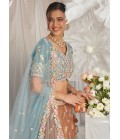 Turquoise Blue Bridal Net Moti Embroidery Lehenga Choli