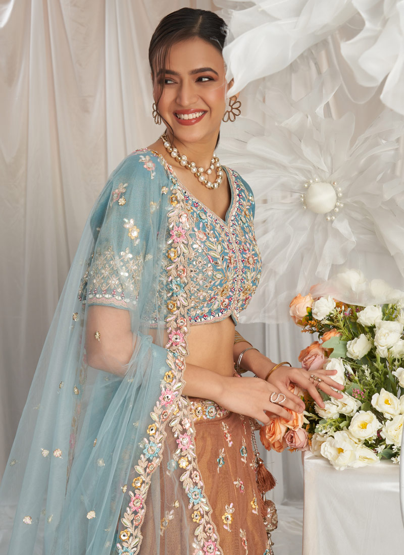 Turquoise Blue Bridal Net Moti Embroidery Lehenga Choli