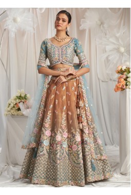 Turquoise Blue Bridal Net Moti Embroidery Lehenga Choli