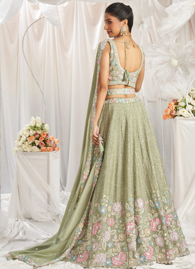 Lime Green Pure Chiffon Sequins Thread Embroidery Lehenga Choli