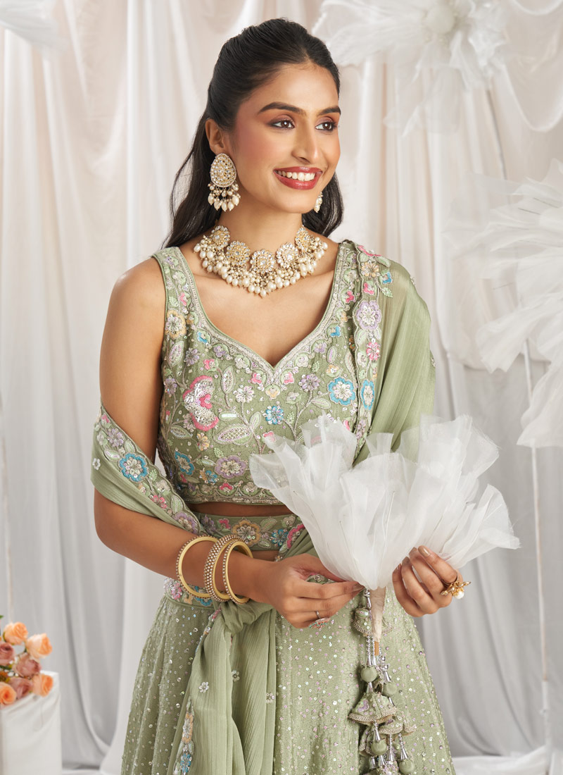 Lime Green Pure Chiffon Sequins Thread Embroidery Lehenga Choli