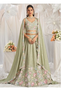 Lime Green Pure Chiffon Sequins Thread Embroidery Lehenga Choli