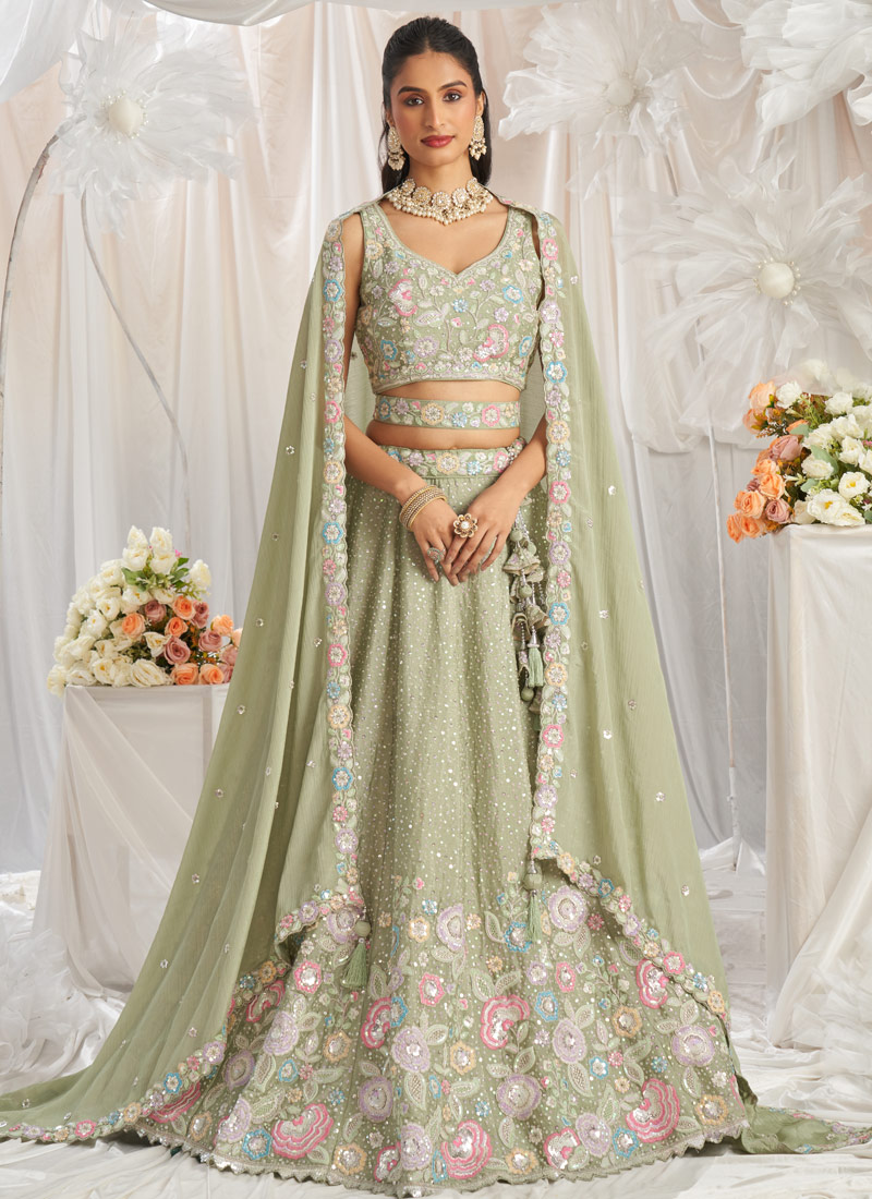 Lime Green Pure Chiffon Sequins Thread Embroidery Lehenga Choli