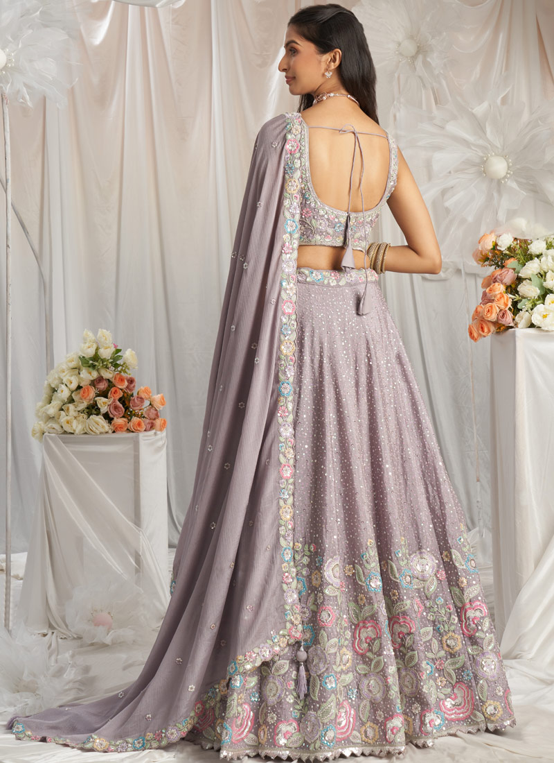 Mauve Pure Chiffon Sequins Thread Embroidery Lehenga Choli