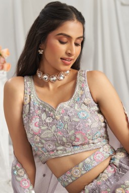 Mauve Pure Chiffon Sequins Thread Embroidery Lehenga Choli