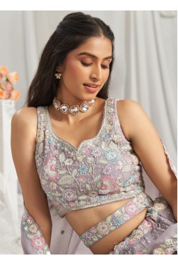 Mauve Pure Chiffon Sequins Thread Embroidery Lehenga Choli