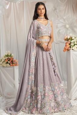Mauve Pure Chiffon Sequins Thread Embroidery Lehenga Choli