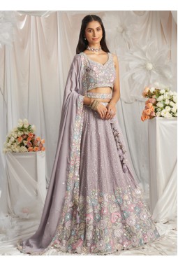 Mauve Pure Chiffon Sequins Thread Embroidery Lehenga Choli