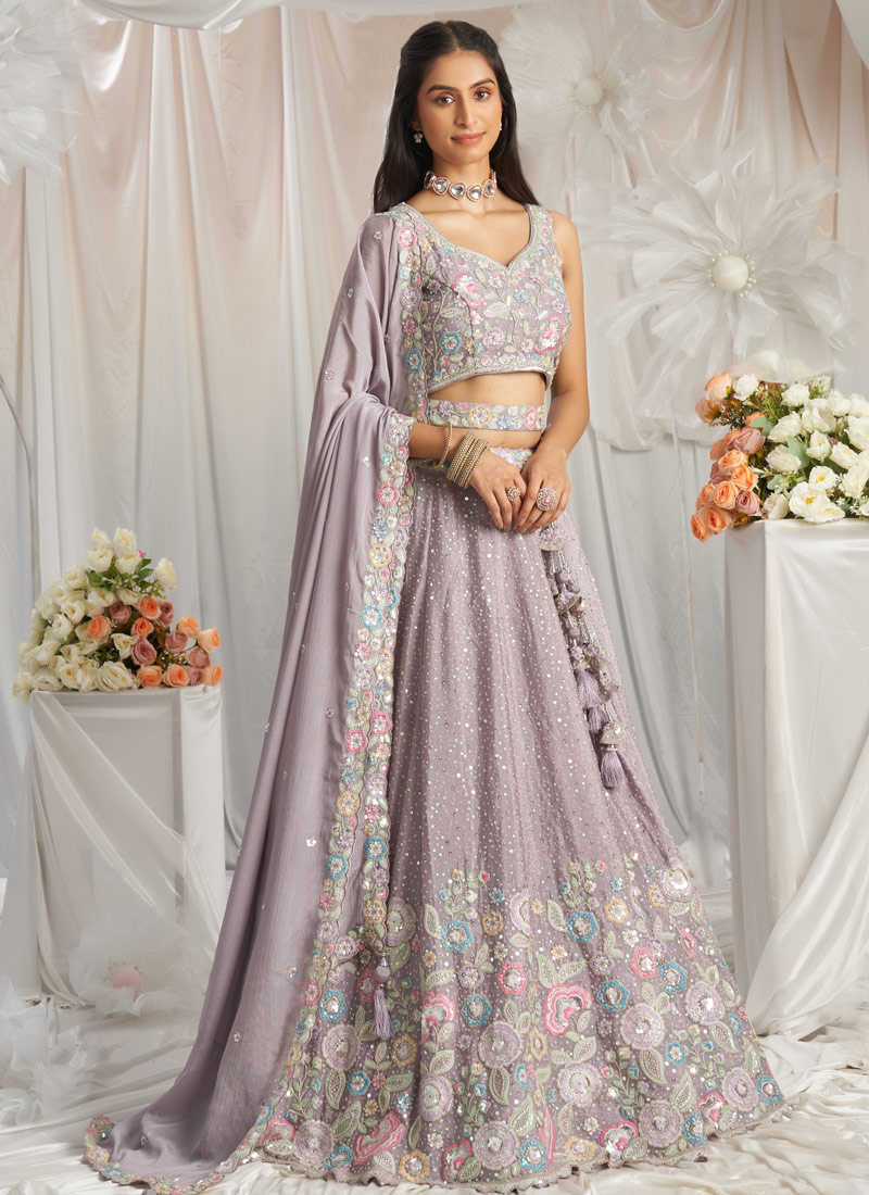 Mauve Pure Chiffon Sequins Thread Embroidery Lehenga Choli