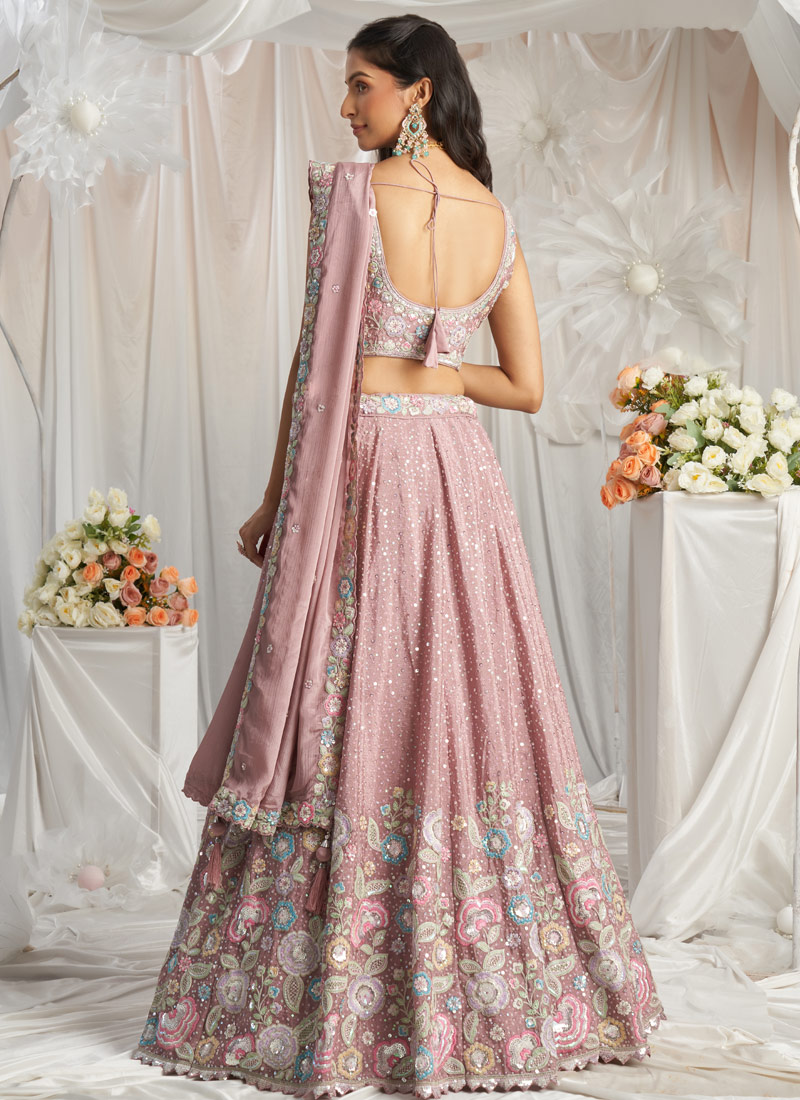 Rose Gold Pure Chiffon Thread Embroidery Lehenga Choli