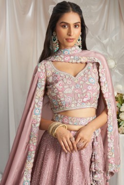 Rose Gold Pure Chiffon Thread Embroidery Lehenga Choli