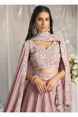 Rose Gold Pure Chiffon Thread Embroidery Lehenga Choli