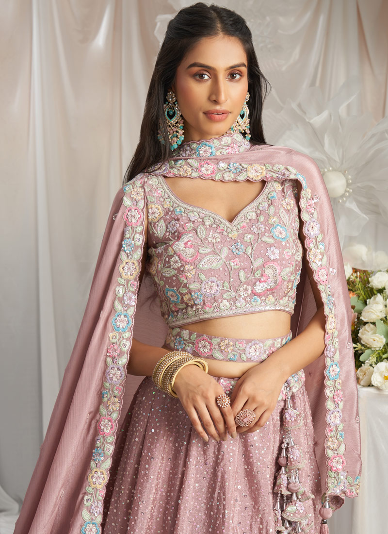 Rose Gold Pure Chiffon Thread Embroidery Lehenga Choli