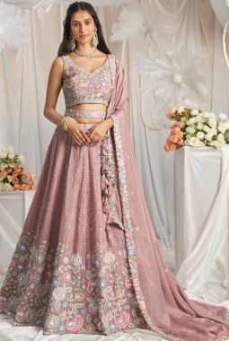 Rose Gold Pure Chiffon Thread Embroidery Lehenga Choli