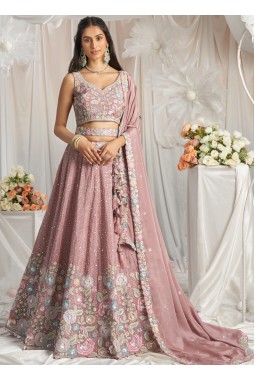 Rose Gold Pure Chiffon Thread Embroidery Lehenga Choli