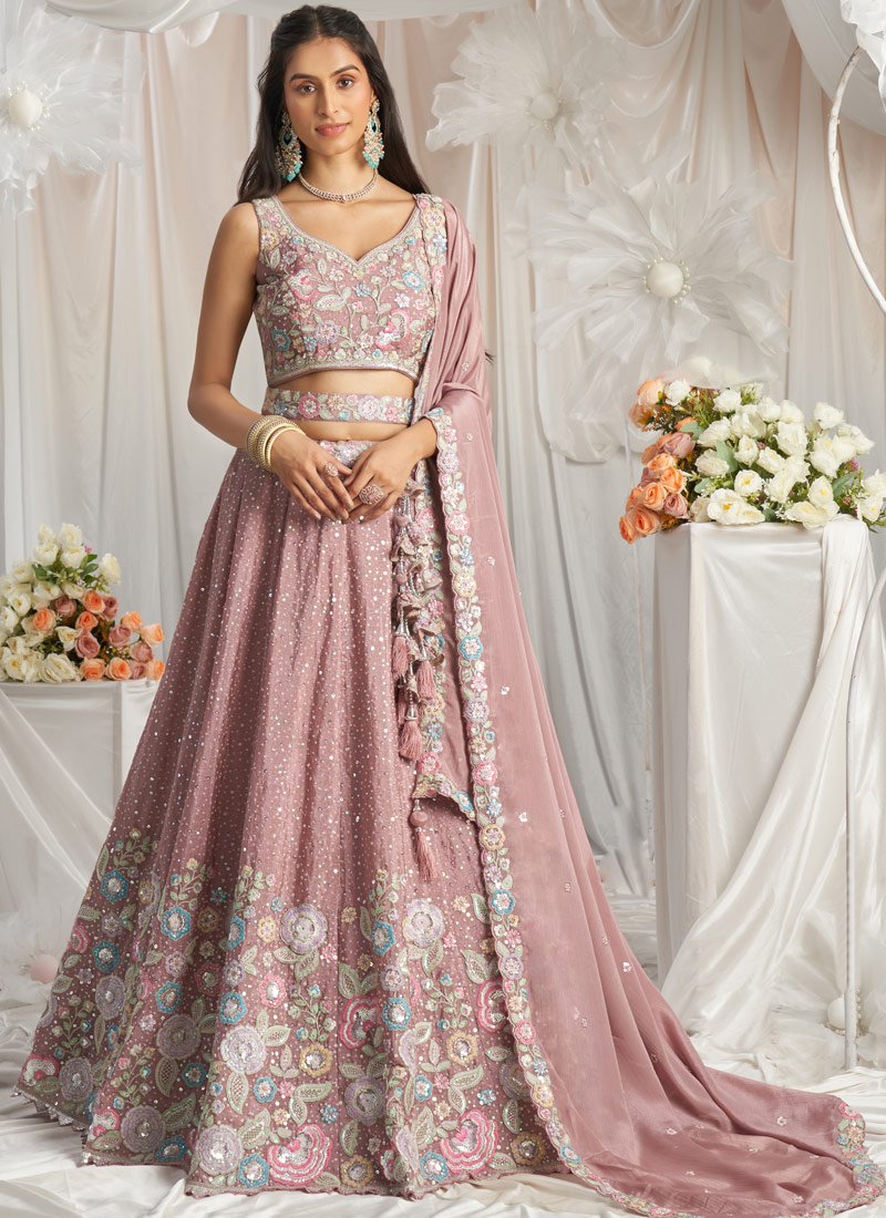 Rose Gold Pure Chiffon Thread Embroidery Lehenga Choli