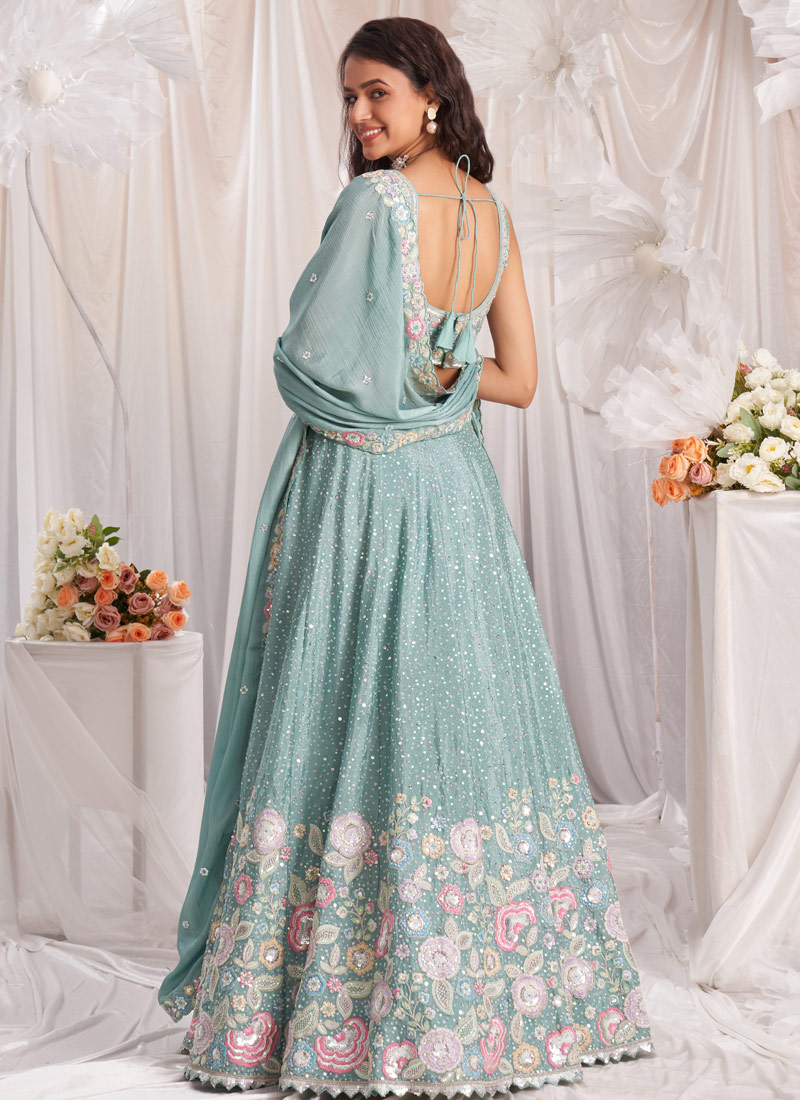 Sea Green Pure Chiffon Sequins Embroidery Lehenga Choli