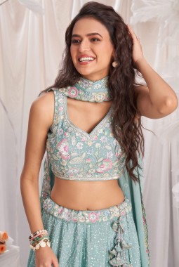 Sea Green Pure Chiffon Sequins Embroidery Lehenga Choli
