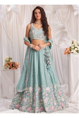 Sea Green Pure Chiffon Sequins Embroidery Lehenga Choli