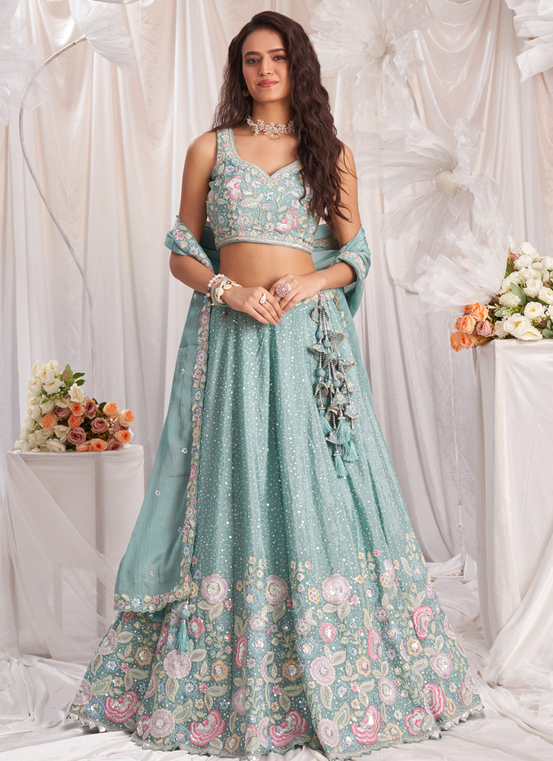 Sea Green Pure Chiffon Sequins Embroidery Lehenga Choli