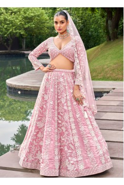 Pink Organza Sequins Embroidery Wedding Lehenga Choli