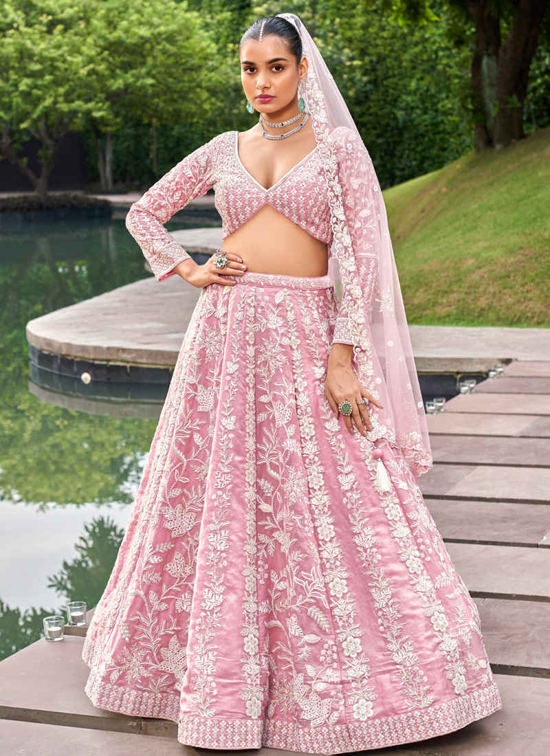 Pink Organza Sequins Embroidery Wedding Lehenga Choli