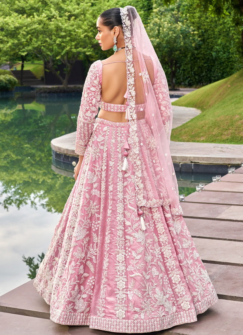 Pink Organza Sequins Embroidery Wedding Lehenga Choli