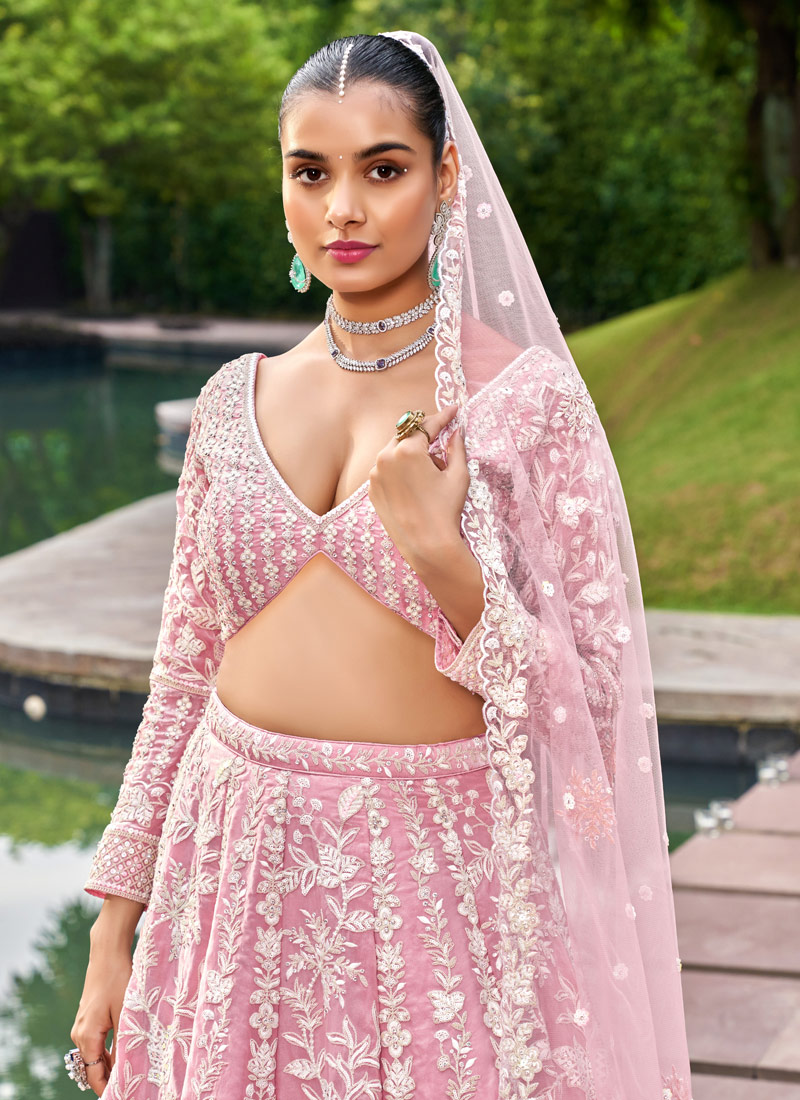 Pink Organza Sequins Embroidery Wedding Lehenga Choli