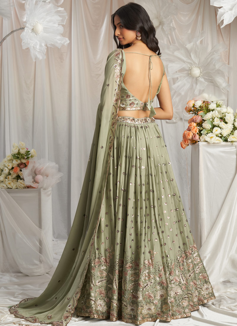 Lime Green Georgette Sequins Embroidery Lehenga Choli