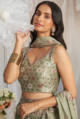 Lime Green Georgette Sequins Embroidery Lehenga Choli