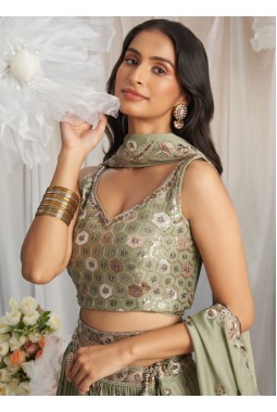 Lime Green Georgette Sequins Embroidery Lehenga Choli